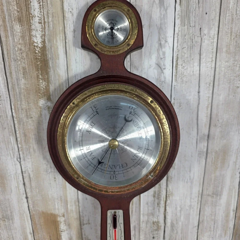 VTG Taylor Mahogany Banjo Wood Weather Station Barometer Thermometer Mid Century